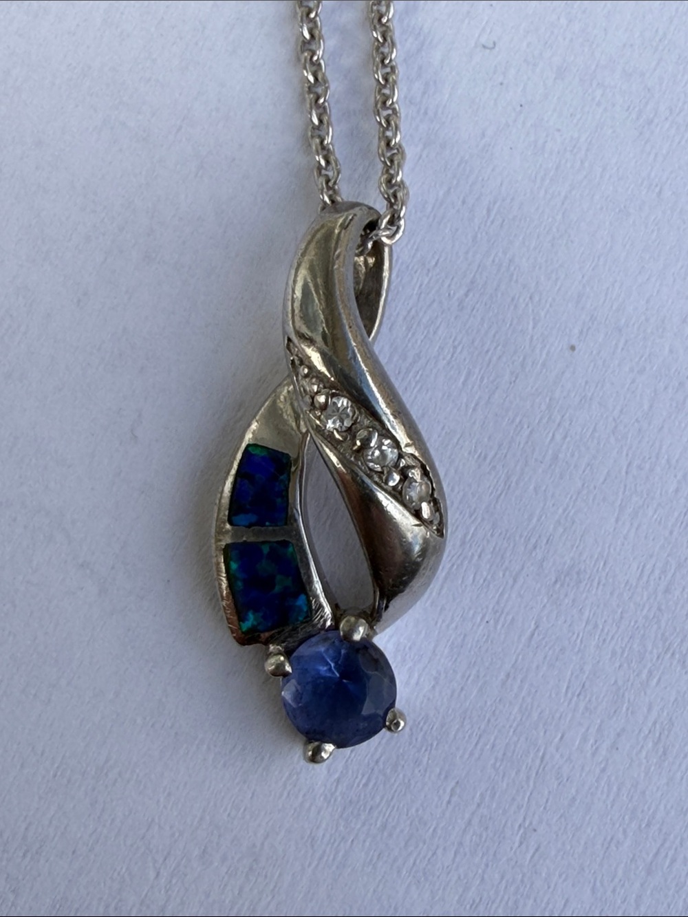 Sterling Silver Blue Opal and blue stone Pendant Necklace on 16“ silver chain